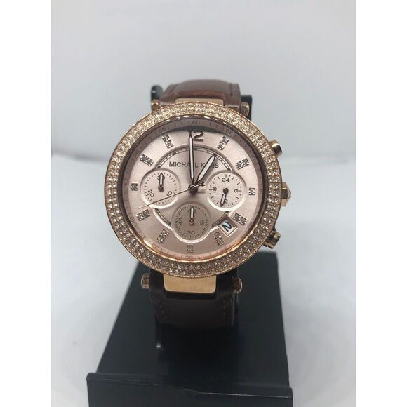 Michael Kors MK5896 Parker Women's Brown Leather Analog Blush Dial Watch RK225 - Picture 1 of 1